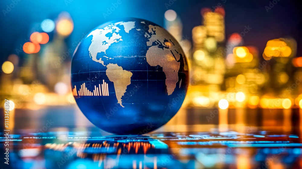 Globe showing global business and financial data with city skyline in background