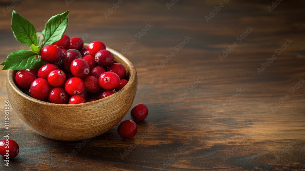 Fresh cranberries in wooden bowl with green leaves