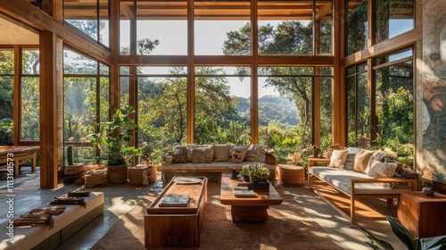 Spacious modern living room with large windows showcasing a lush mountain landscape. 