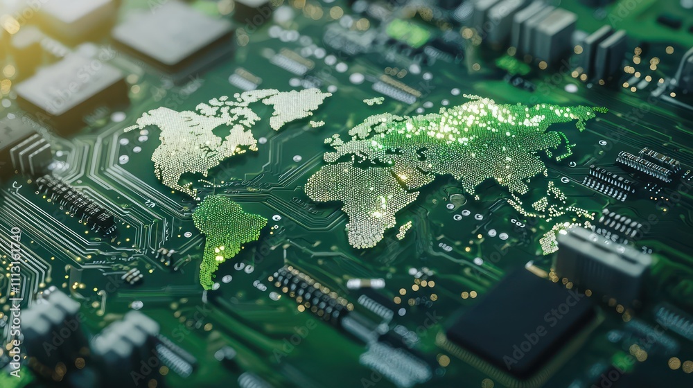 Concept of green technology with a world icon on a circuit board.