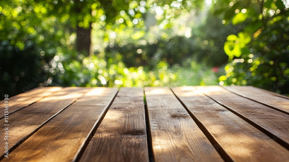 Empty wooden table in a green garden setting for product placement Empty wooden table in a green garden setting for product placement