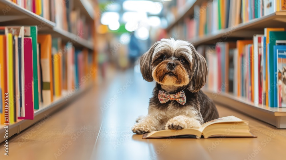 A dog with a bowtie lies on a book in a colorful library aisle. A dog with a bowtie lies on a book in a colorful library aisle.