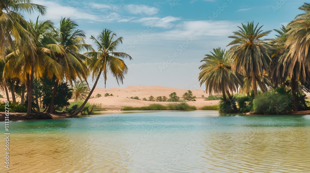 A beautiful lake is surrounded by palm trees situated in the desert A beautiful lake is surrounded by palm trees situated in the desert