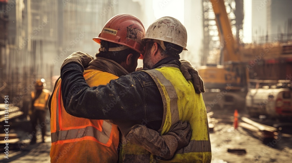 Fototapeta premium Inspiring photo of construction workers in safety vests and helmets sharing an embrace at a construction site