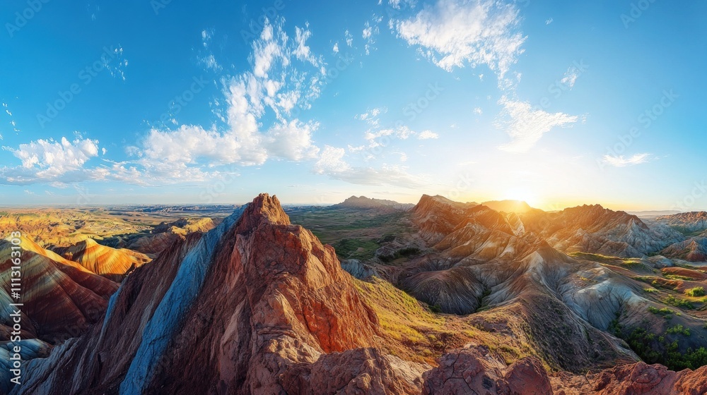 Naklejka premium A panoramic view of colorful mountains under a bright sky at sunset.