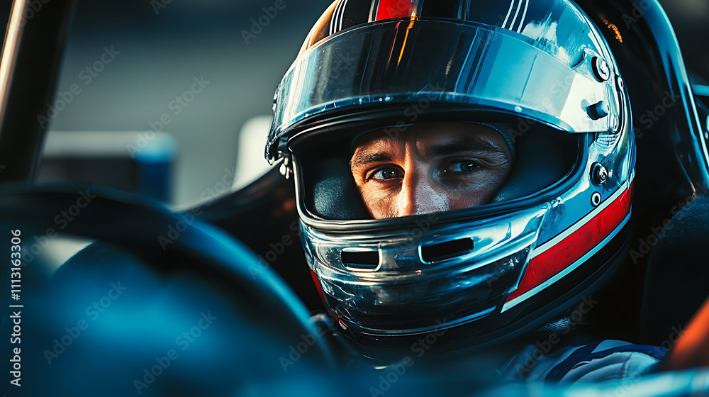 Fototapeta premium Close-up portrait of a focused race car driver wearing a helmet in his car.