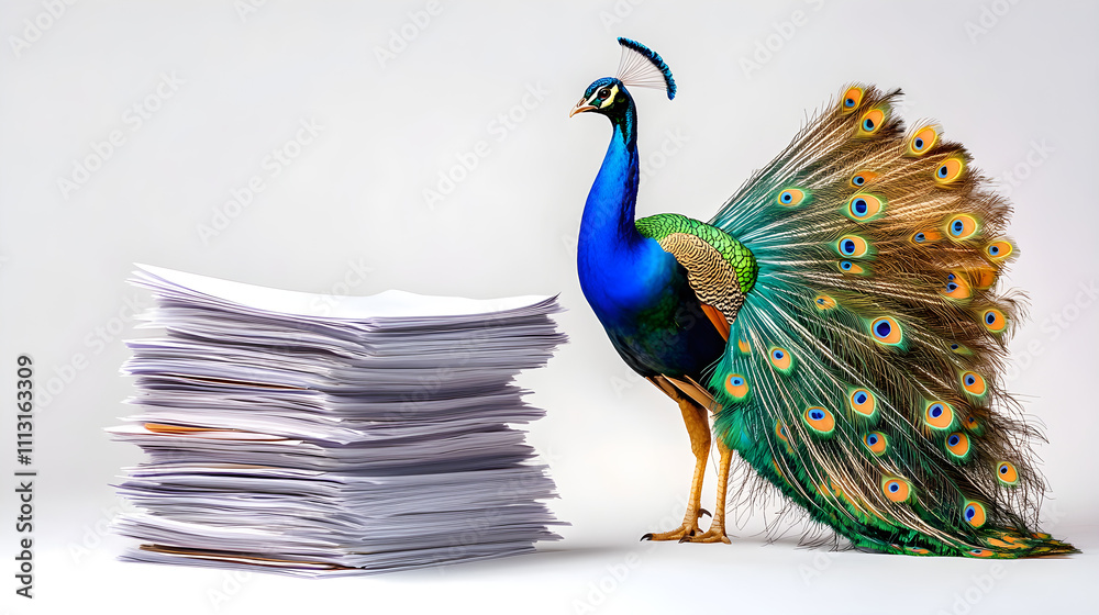 Fototapeta premium A colorful peacock standing proudly beside a stack of papers