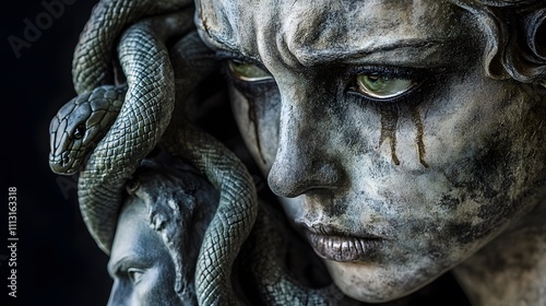 A realistic image of a gorgon turning to gaze at a statue frozen in fear, her snakes writhing calmly. photo