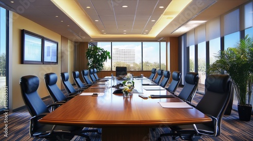 Modern conference room with large table, chairs, and city view.