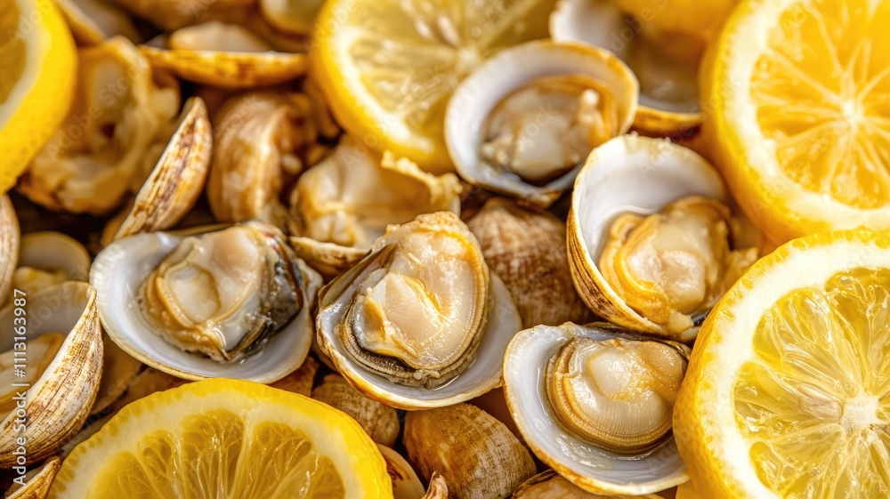 Fresh clams and lemon slices arranged on plate Fresh clams and lemon slices arranged on plate