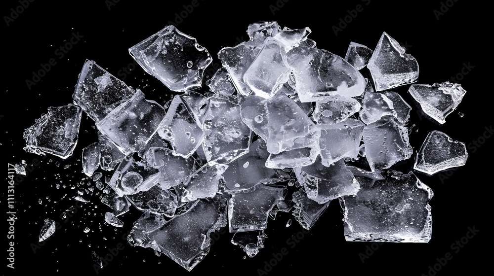 Ice, crushed on a black background. Pieces of crushed ice spread away. Crushing of the ice. Ice, crushed on a black background. Pieces of crushed ice spread away. Crushing of the ice.