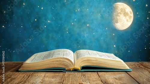 Open book on wooden table under starry sky with full moon