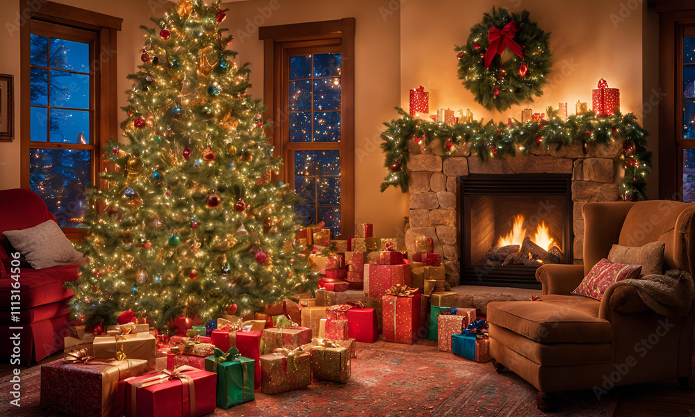 Obraz premium Create an illustration featuring a cozy living room interior, complete with a sofa, a mirror, a beautifully decorated Christmas tree, and festive decorations. The design should evoke the warmth