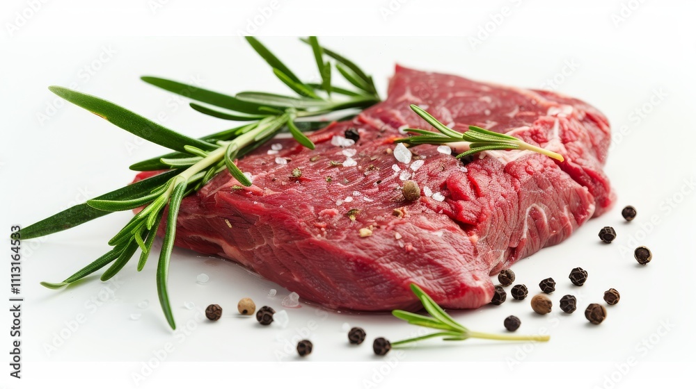 Raw beef steak with rosemary and peppercorns on white background. Raw beef steak with rosemary and peppercorns on white background.