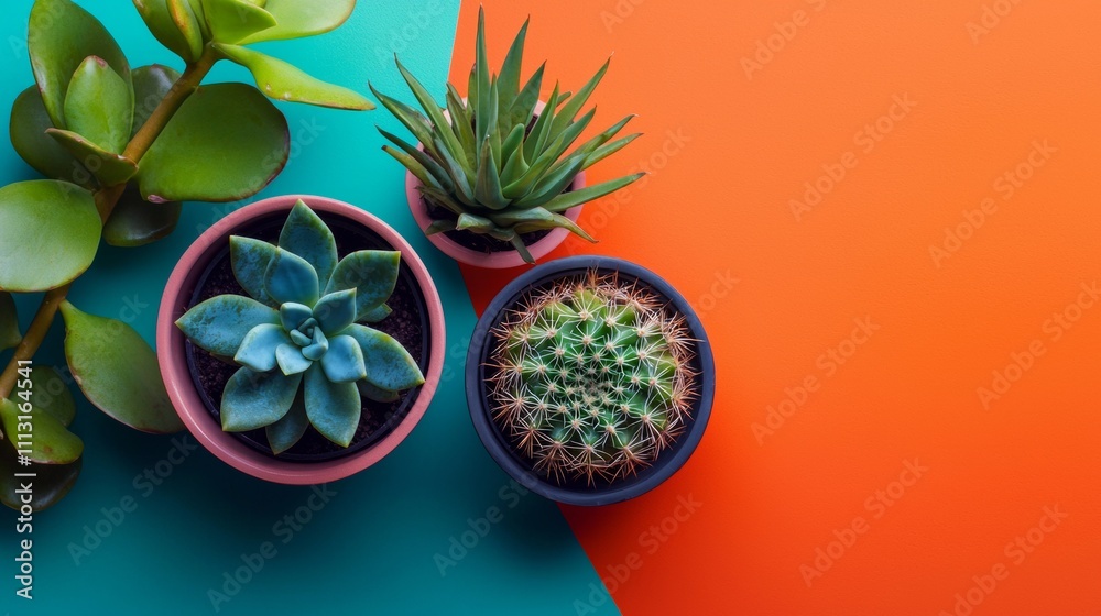 Succulent plants in colorful pots on a bold split background Succulent plants in colorful pots on a bold split background