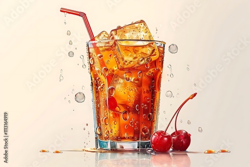 Refreshing iced cherry soda drink in a glass with ice cubes and straw, water droplets, and cherries.