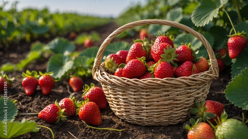 Strawberries in a handled woven wicker basket with a strawberry field background Strawberries in a handled woven wicker basket with a strawberry field background