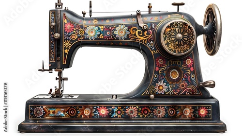 Ornate vintage sewing machine with colorful floral hand-painted decorations isolated on white background.