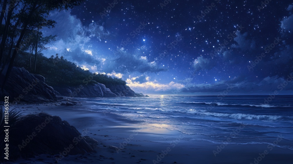 Fototapeta premium Starry night, tranquil beach, dark ocean waves.