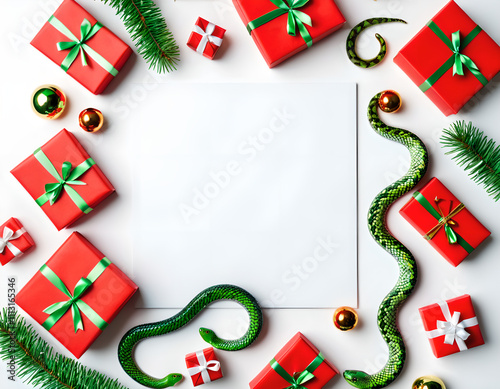 Green Snake Christmas Flat Lay white space in the center for text  photo