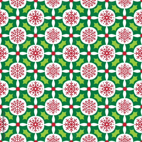 Seamless Pattern of Christmas Holly leaves and Snowflakes- Christmas Vector Illustration