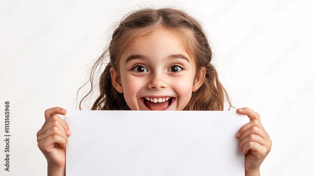 Cheerful little girl holding blank white board on white background Cheerful little girl holding blank white board on white background
