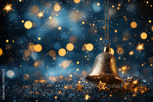 Christmas bells hanging against a dark background, accentuated with gold stars.