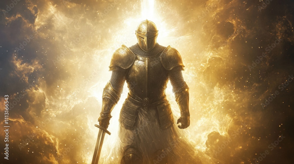 Naklejka premium Conceptual illustration of the Armor of God from Ephesians 6:13-14, showing a warrior clad in spiritual armor, symbolizing faith, truth, and righteousness for spiritual warfare