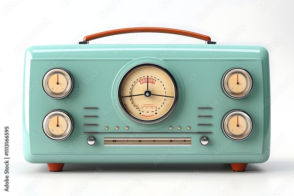 Fototapeta premium Vintage teal retro radio with orange handle and knobs on white background.