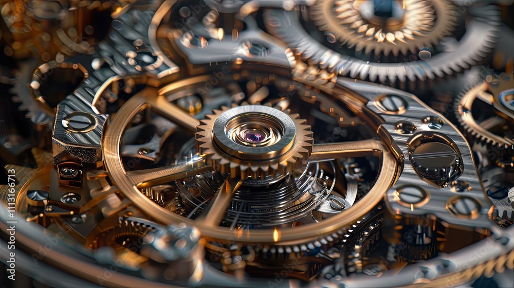 Intricate Gold and Silver Gears of a Complex Mechanical Watch Movement Intricate Gold and Silver Gears of a Complex Mechanical Watch Movement
