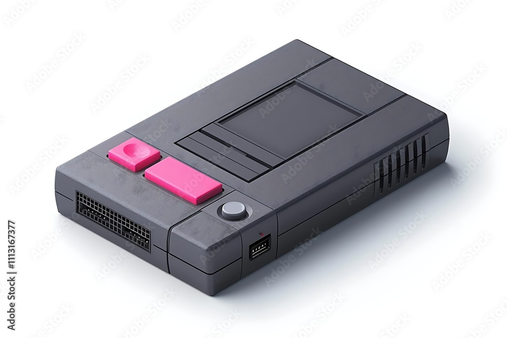 Retro-styled gaming console with pink buttons and black casing, isolated on white. Retro-styled gaming console with pink buttons and black casing, isolated on white.