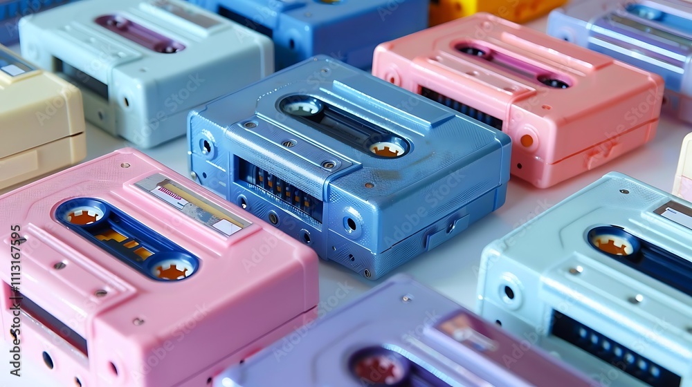 Colorful cassette tapes arranged in rows on a white background. Colorful cassette tapes arranged in rows on a white background.