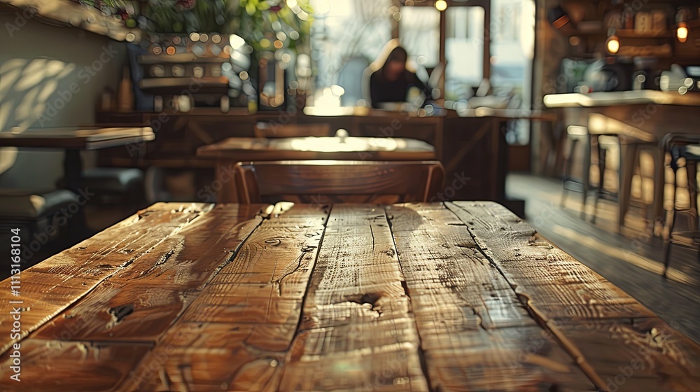 Rustic Wooden Table in a Sunlit Cafe with Blurred Background