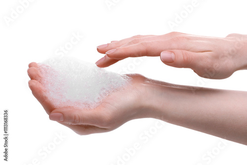 Woman with bath foam on white background, closeup photo