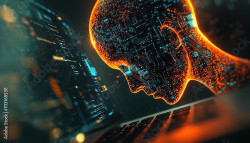 Double exposure of an artificial intelligence symbol with a modern laptop, representing technology and innovation.