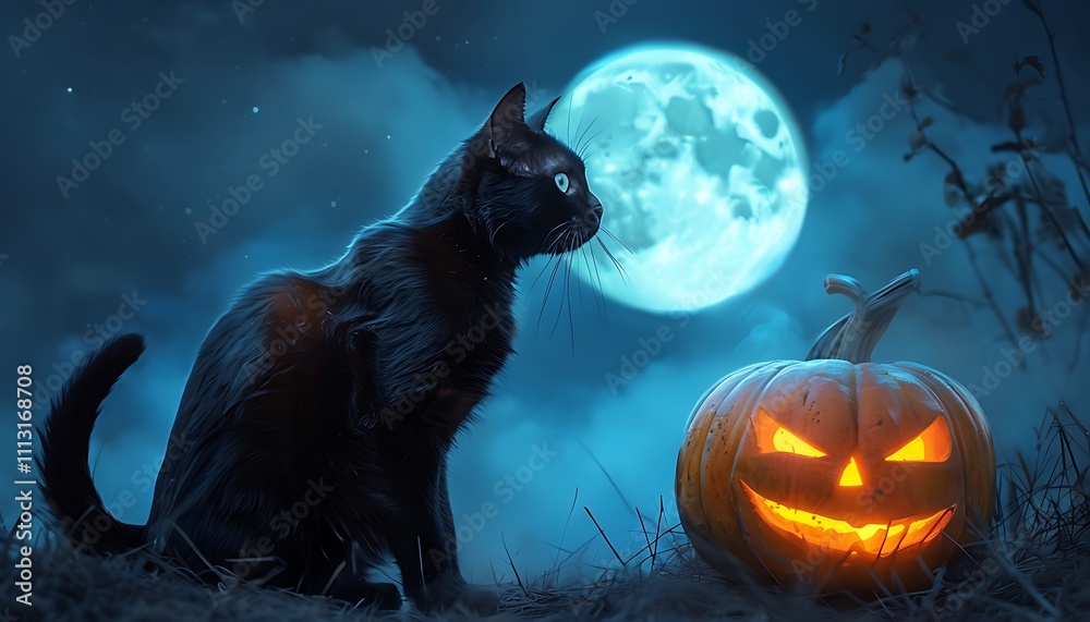 black cat with arched back staring at a glowing pumpkin under the moonlight black cat with arched back staring at a glowing pumpkin under the moonlight