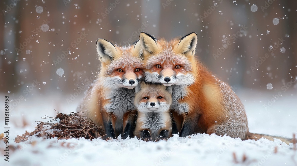 Obraz premium Family of Foxes Cozy Together in Winter Snowy Landscape