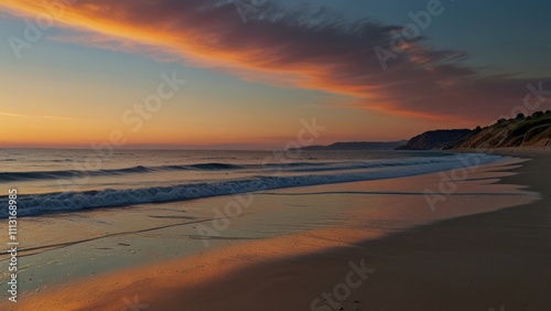 Serene sunset over ocean beach with colorful sky.