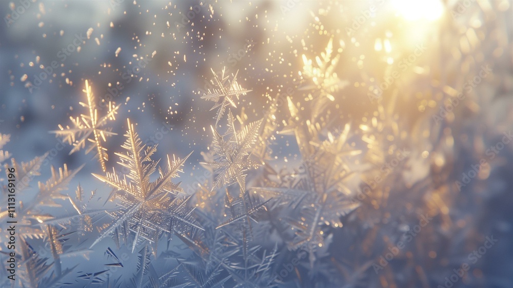 Fototapeta premium Photorealistic close-up of a frosty window with sunlight 