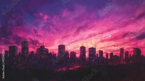 A twilight cityscape with buildings silhouetted against a pink and purple sky