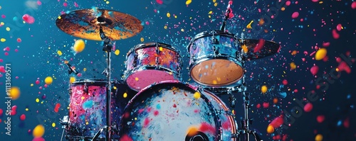 Drums splattered with vibrant splashes of paint. photo