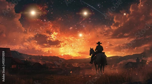 landscape silhouette of a cowboy riding a horse at night with a view of clouds and stars. Virtual 4K video animation background with looping time lapse with very smooth graphics.
