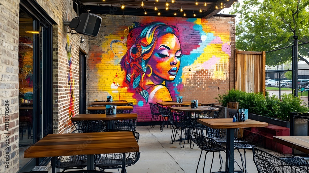 Fototapeta premium Colorful Urban Street Art on Outdoor Cafe Wall