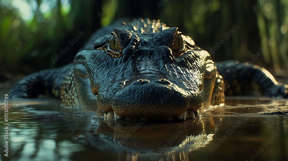 Obraz premium Close-up of alligator's head and upper body partially submerged in murky water, staring intensely at the camera.