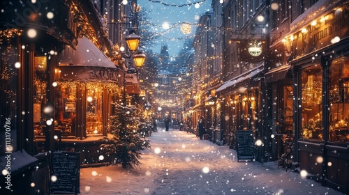 A winter cityscape with snow-covered rooftops, cozy streetlights, and warm lights