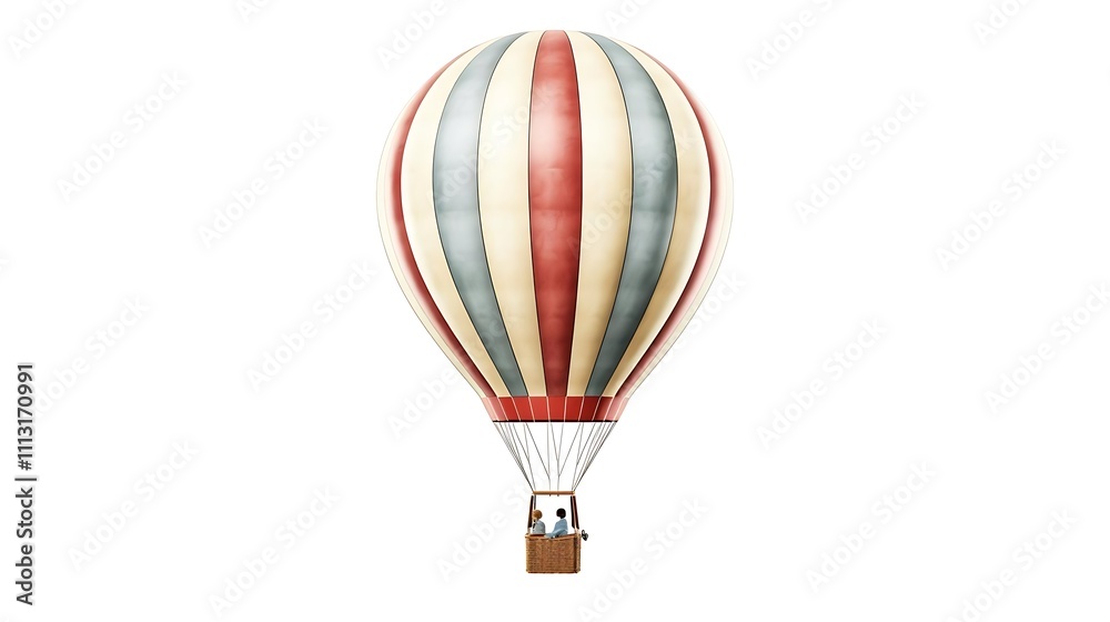 Naklejka premium Vintage-style hot air balloon with two passengers, isolated on white background.
