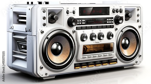 White vintage boombox stereo with cassette player and speakers.