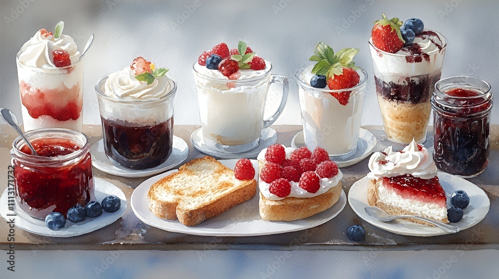 Obraz premium A delightful assortment of desserts and jams on a tray, showcasing sweets and fruits.