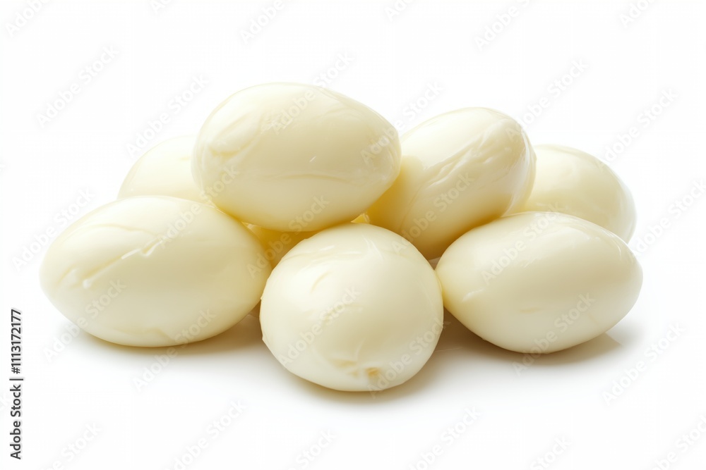 A pile of white eggs on a white background. The eggs are all the same size and shape A pile of white eggs on a white background. The eggs are all the same size and shape