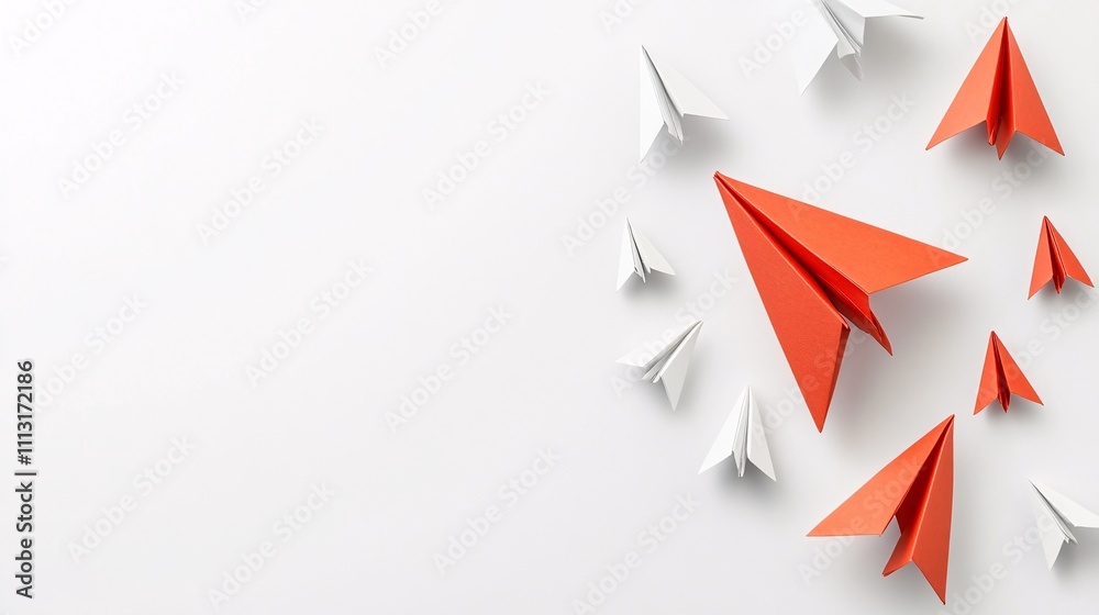 Red and white paper airplanes flying in opposite directions on white background Red and white paper airplanes flying in opposite directions on white background